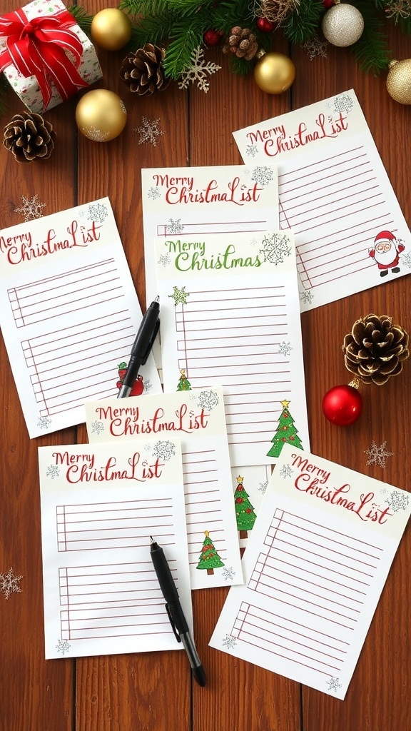 A variety of creative Christmas list papers with festive designs on a wooden table.